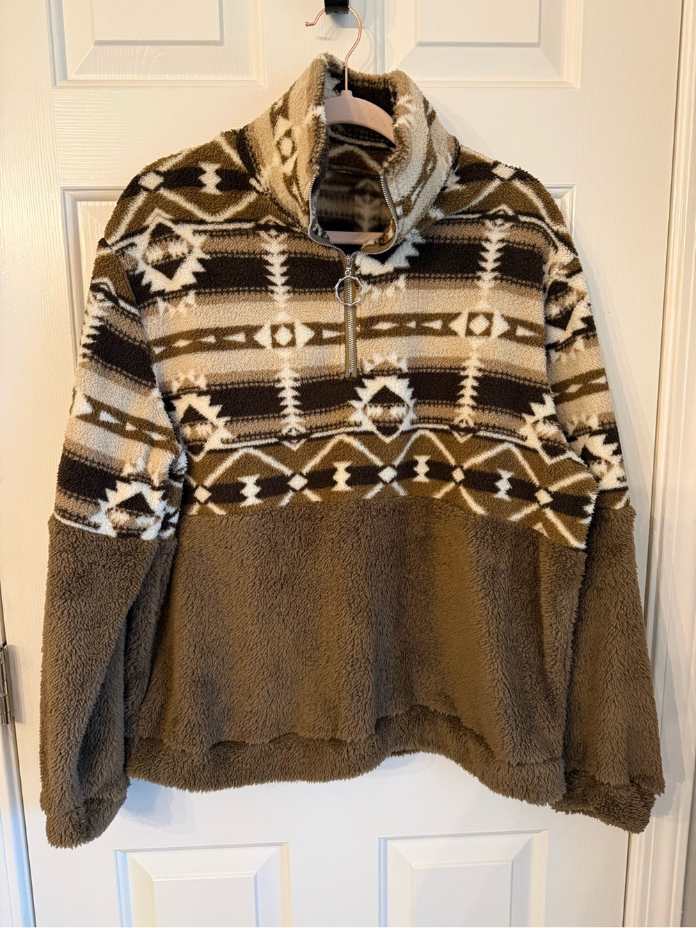 Teddy Sherpa Jacket in Brown Patterned Print